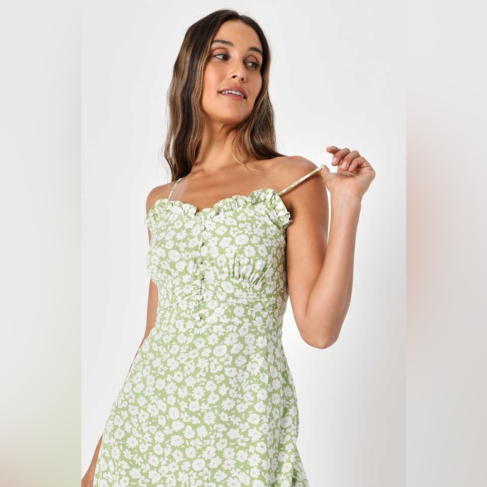 Lulu's Timeless Green Floral Print A- Line Midi Dress NWOT - Picture 2 of 13